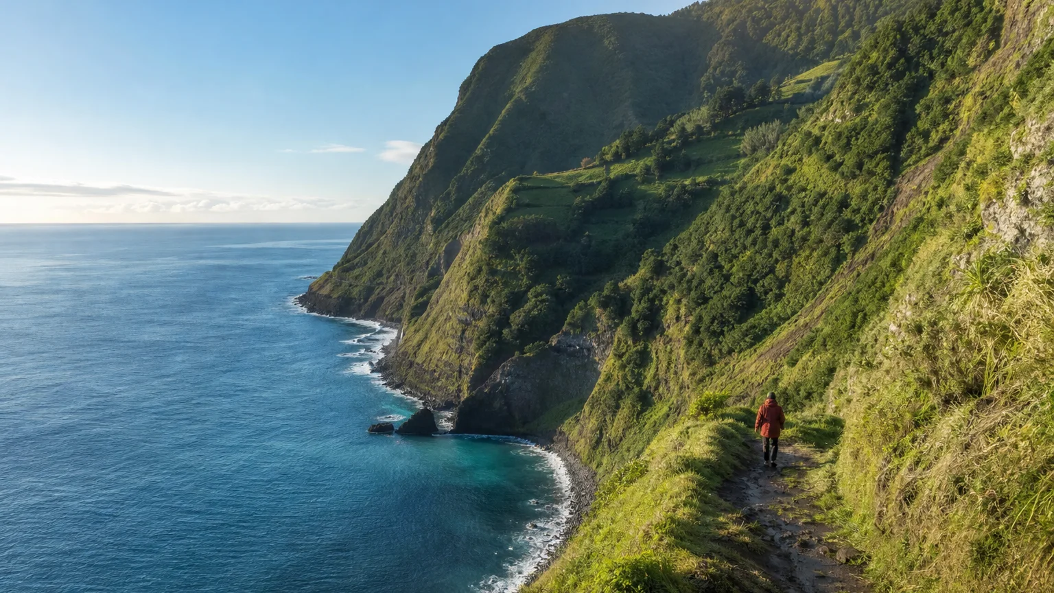 A traveler walking a green coastal path above the Atlantic in the Azores