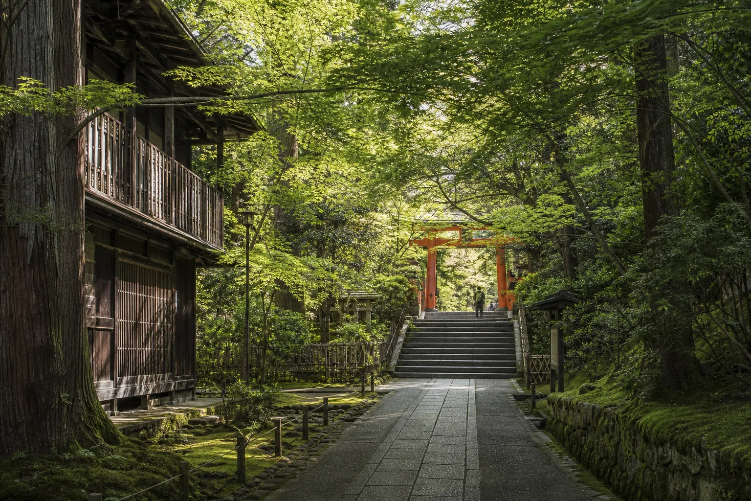 A stone temple approach under green maples in Kyoto