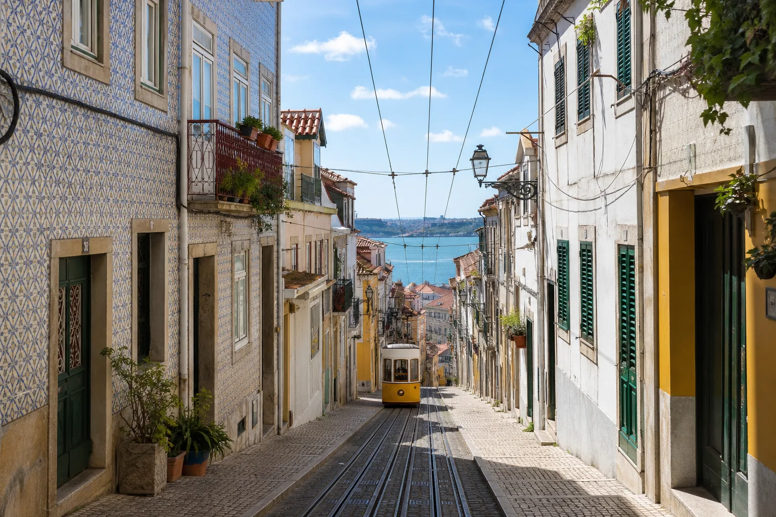 A yellow tram descending a tiled Lisbon street toward the Tagus